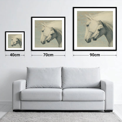Timeless Companions - size guide showing 40cm, 70cm and 90cm art prints