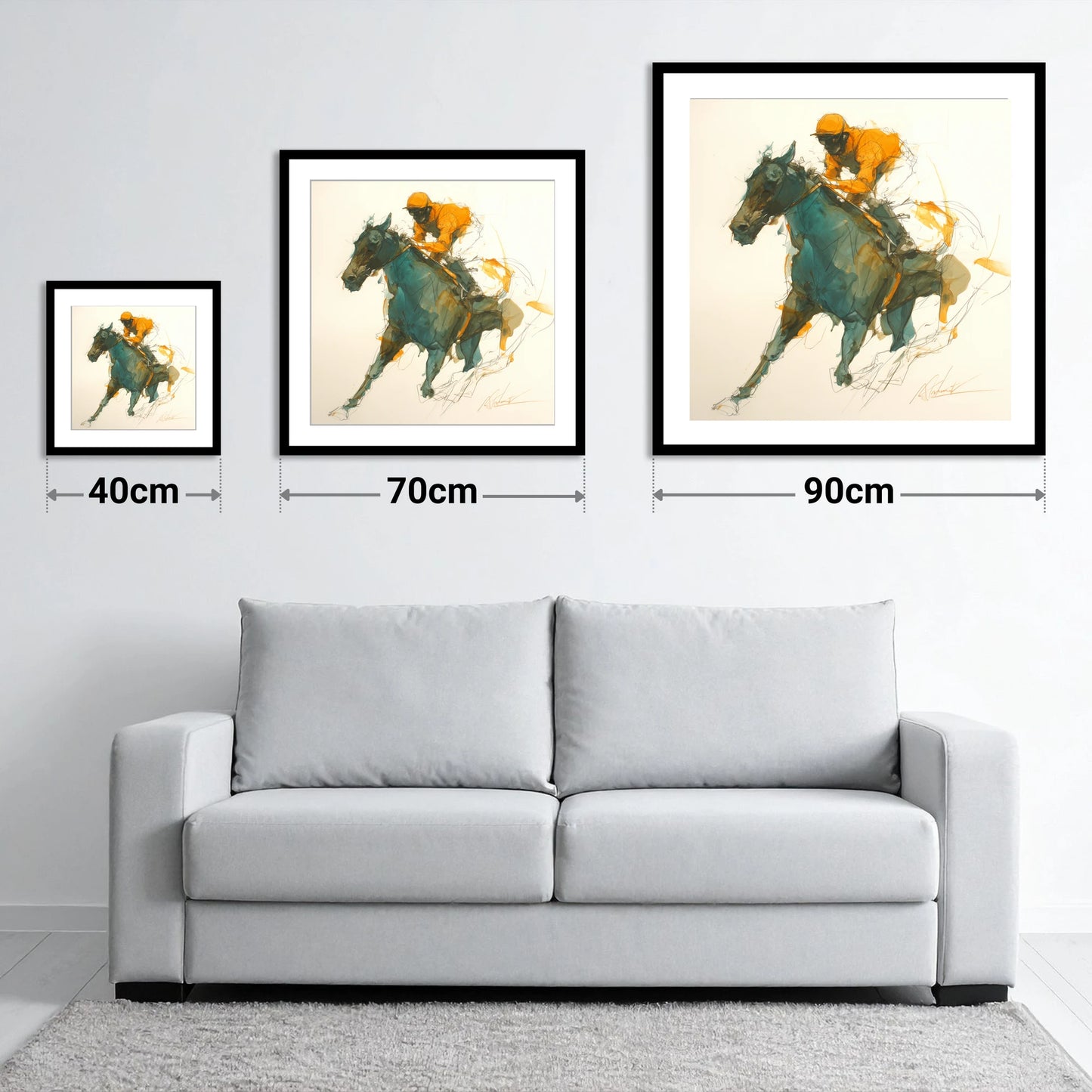 Amber Silks at Speed - size guide showing 40cm, 70cm and 90cm art prints
