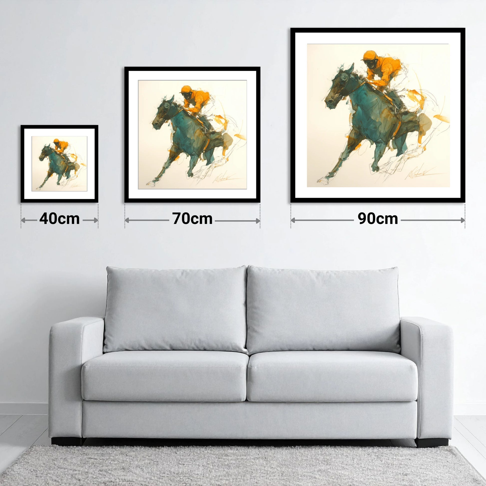 Amber Silks at Speed - size guide showing 40cm, 70cm and 90cm art prints