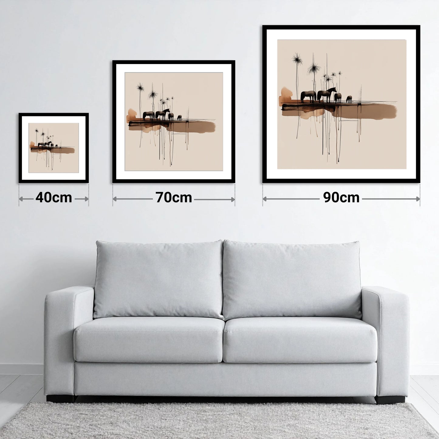 Silent Gathering at Dusk - size guide showing 40cm, 70cm and 90cm art prints