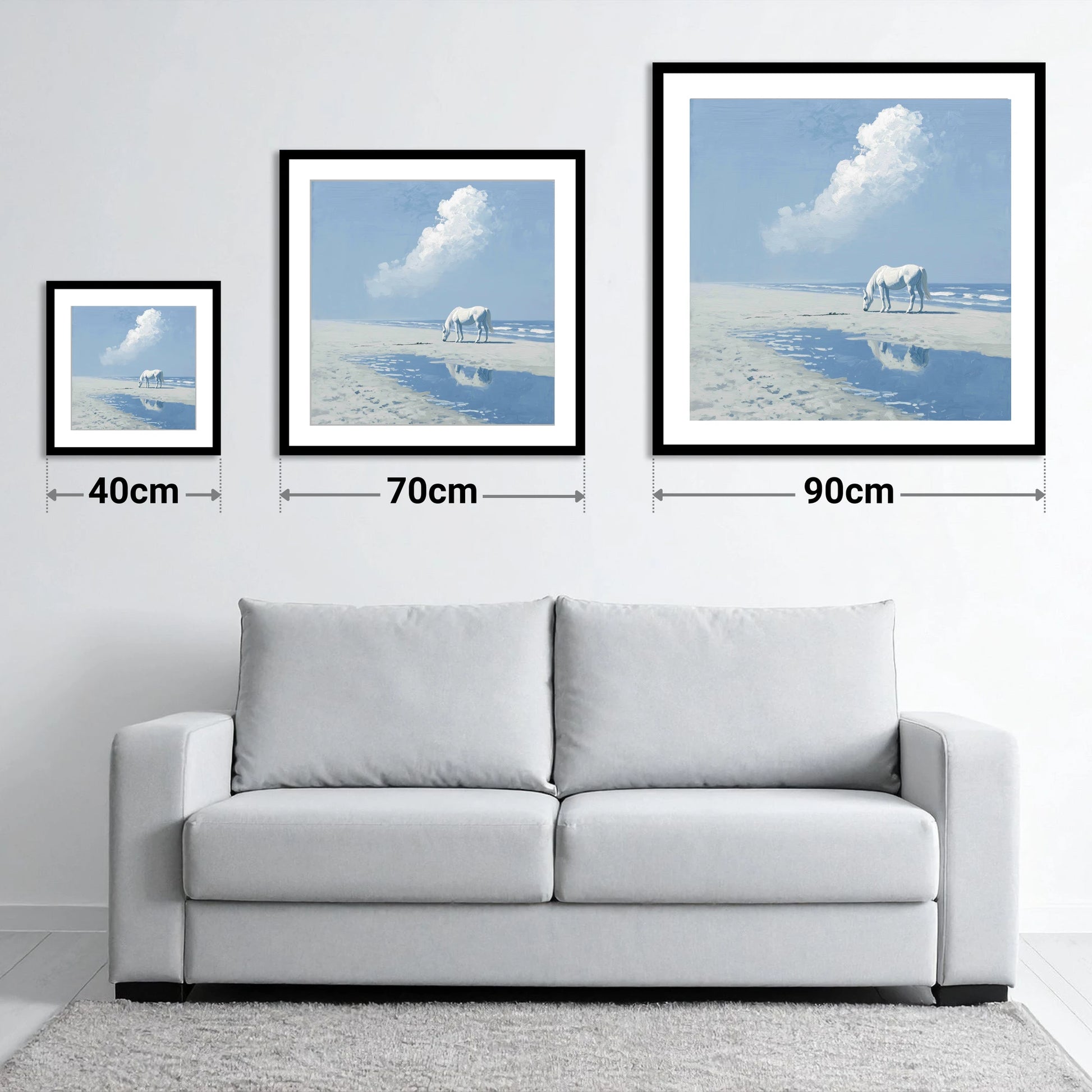Azure Shore Solitude - size guide showing 40cm, 70cm and 90cm art prints