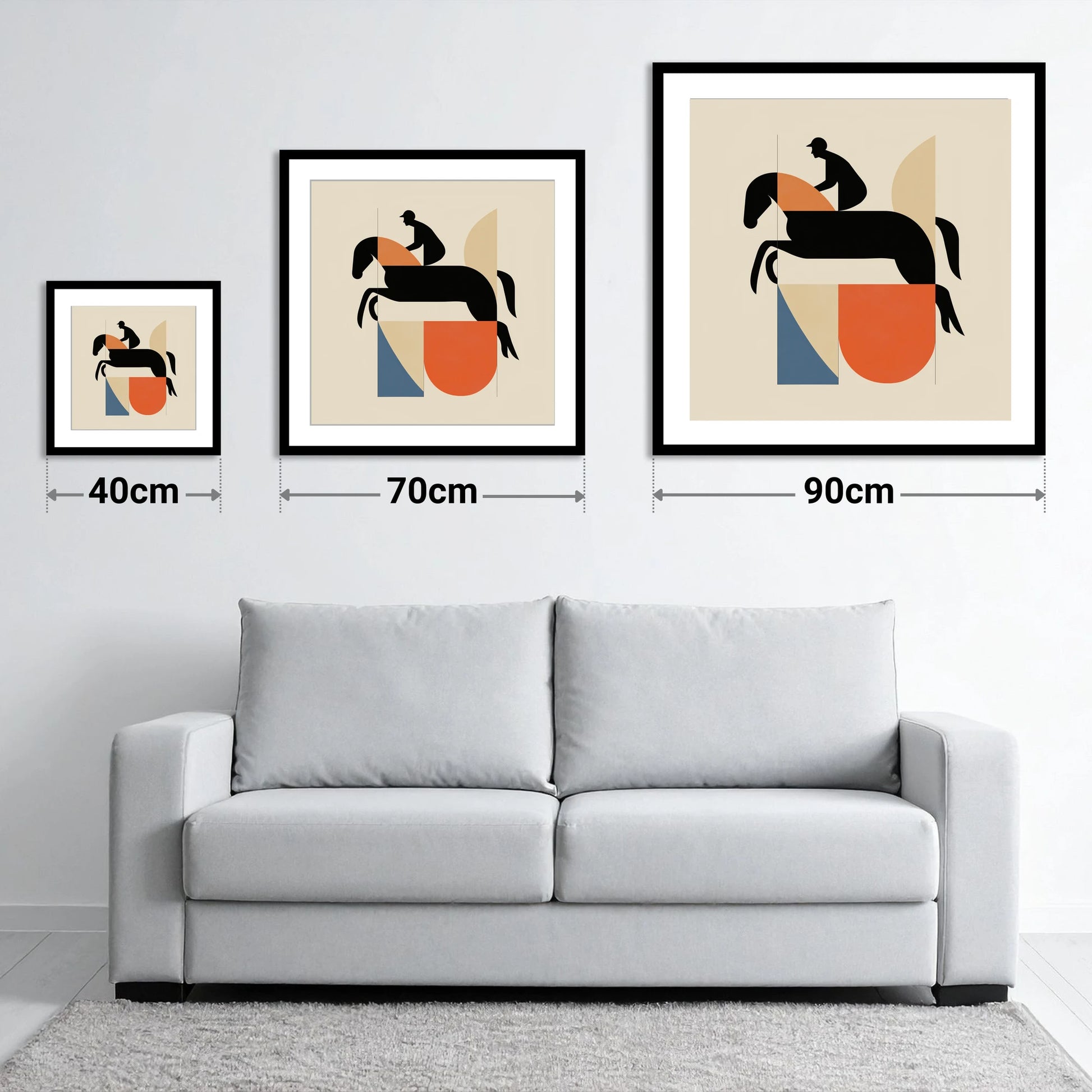 Structured Flight - size guide showing 40cm, 70cm and 90cm art prints
