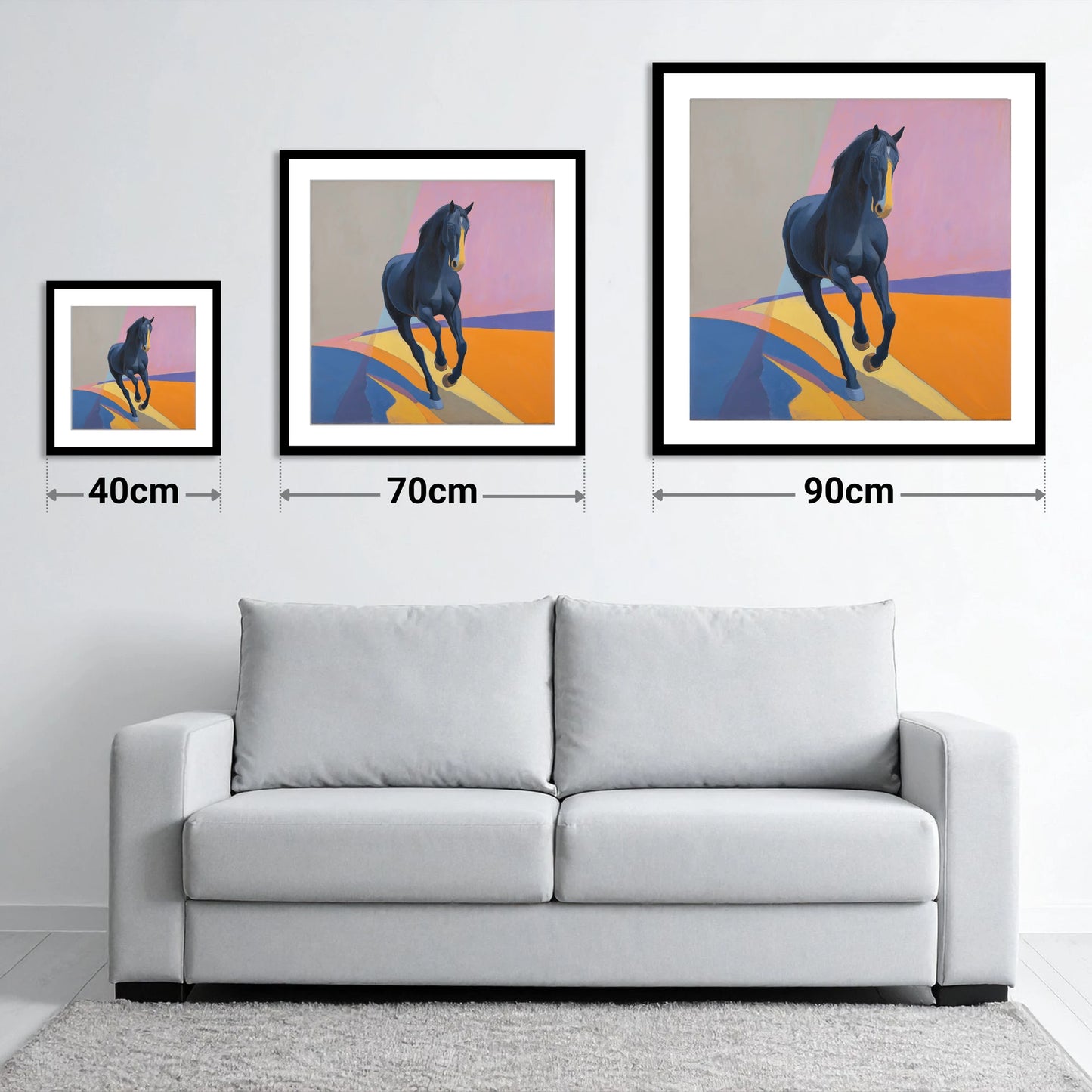 Midnight Cadence in Colour - size guide showing 40cm, 70cm and 90cm art prints