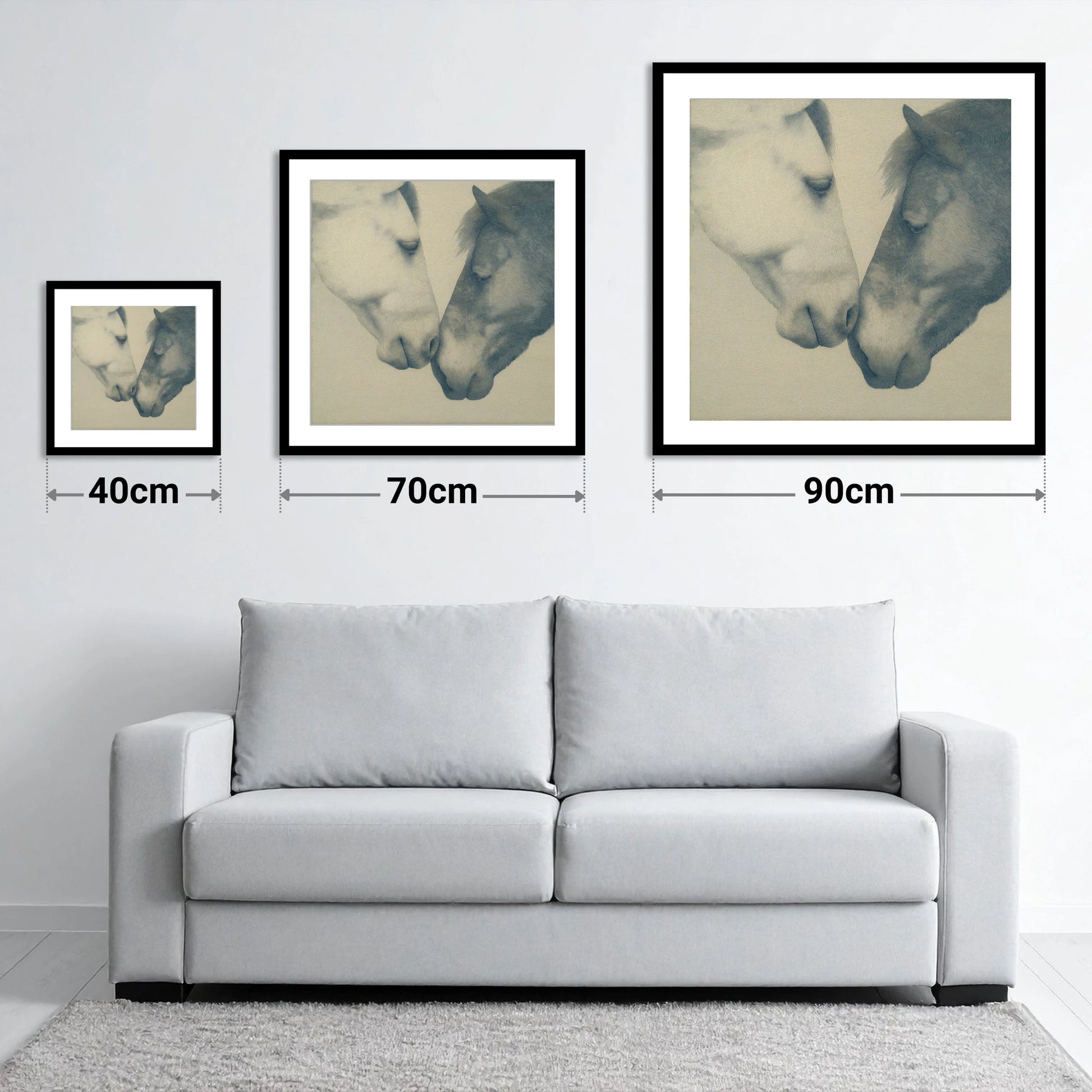 Quiet Connection - size guide showing 40cm, 70cm and 90cm art prints