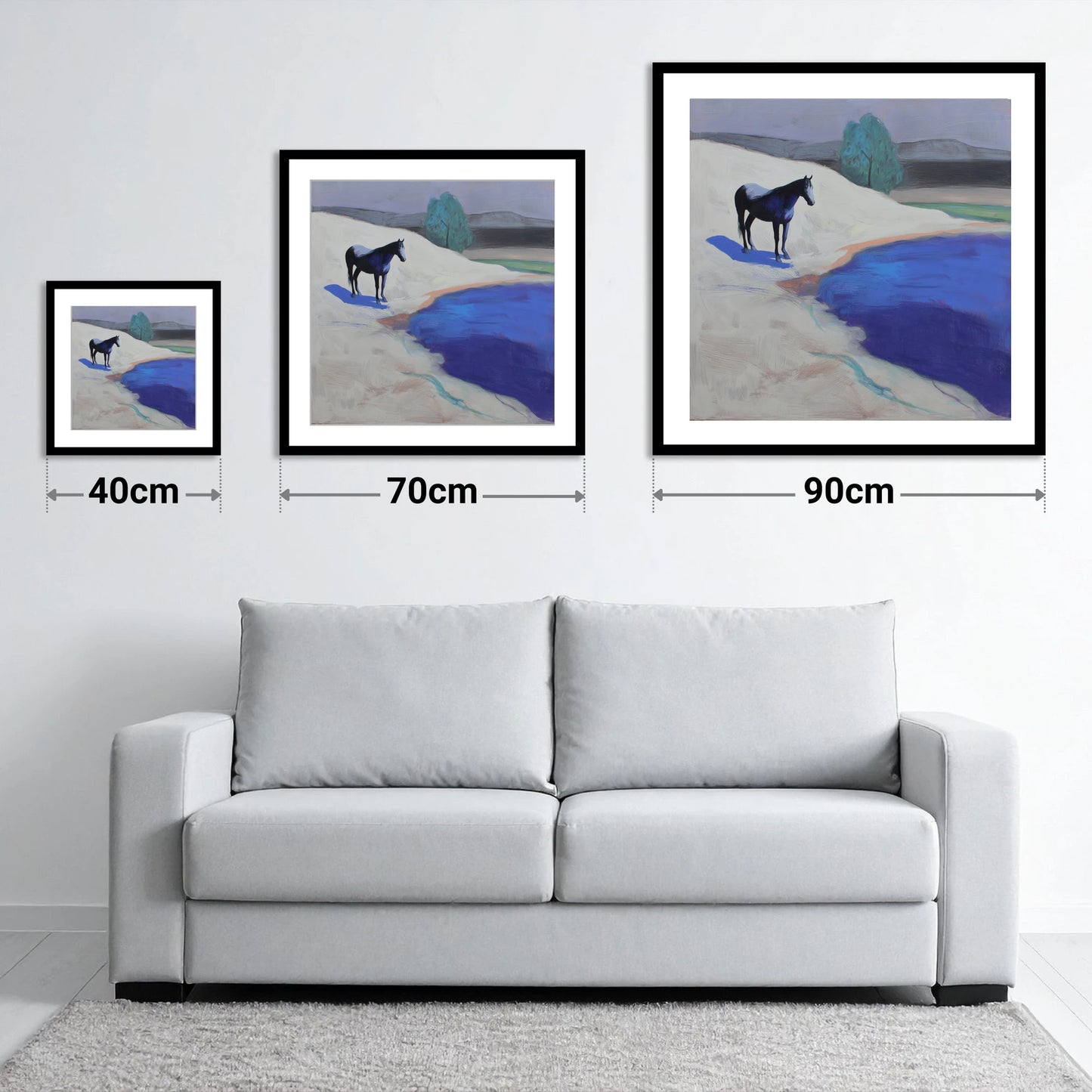 Blue Shore Solitude - size guide showing 40cm, 70cm and 90cm art prints