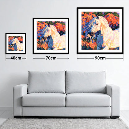 Vibrant White Andalusian Horse - size guide showing 40cm, 70cm and 90cm art prints