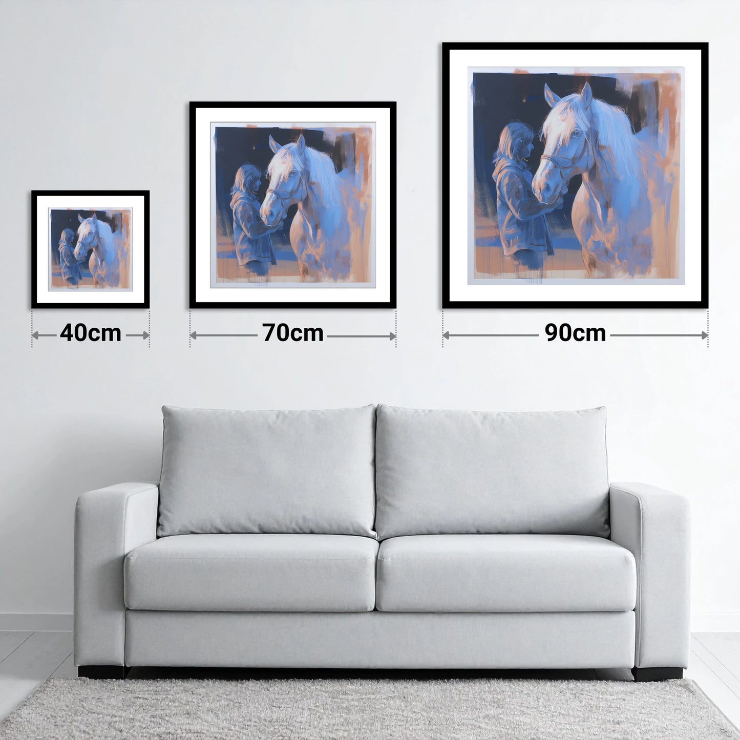 The Cobalt Bond - size guide showing 40cm, 70cm and 90cm art prints
