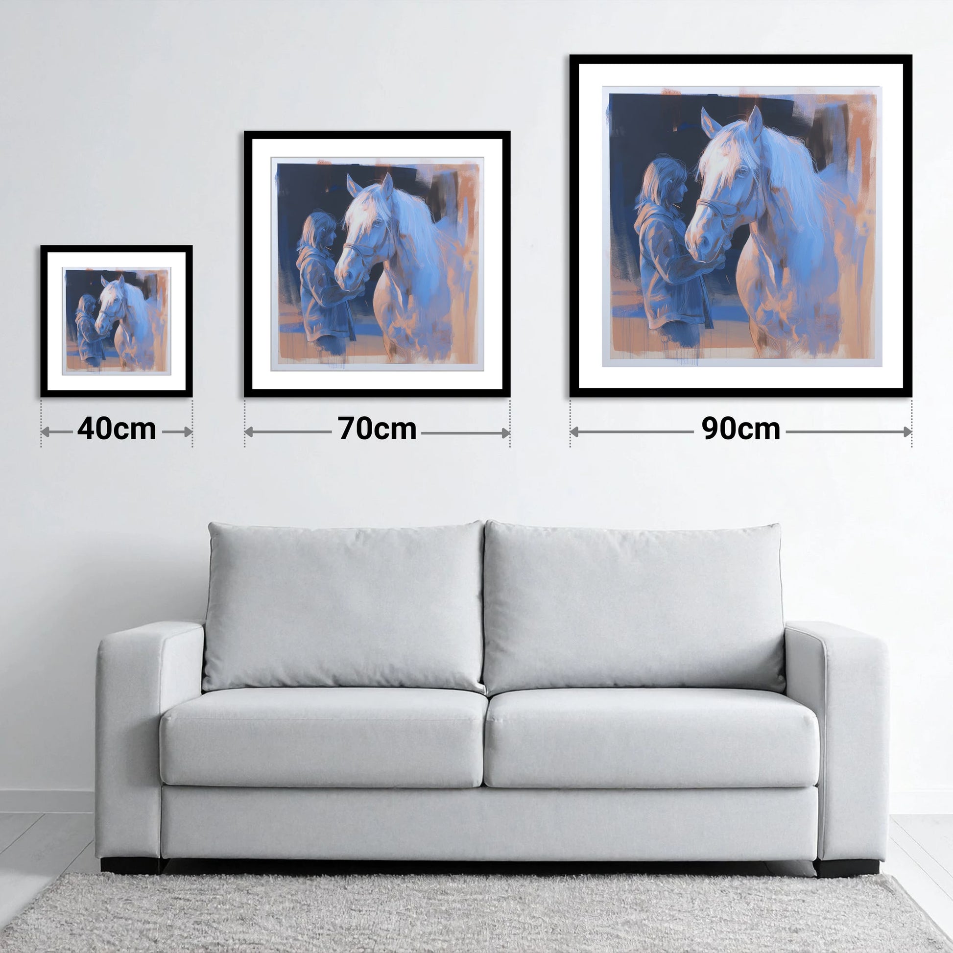 The Cobalt Bond - size guide showing 40cm, 70cm and 90cm art prints