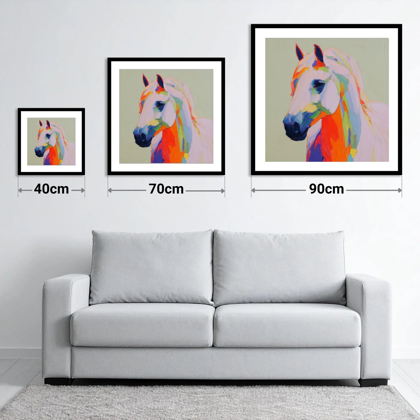 Vivid Equine Profile - size guide showing 40cm, 70cm and 90cm art prints