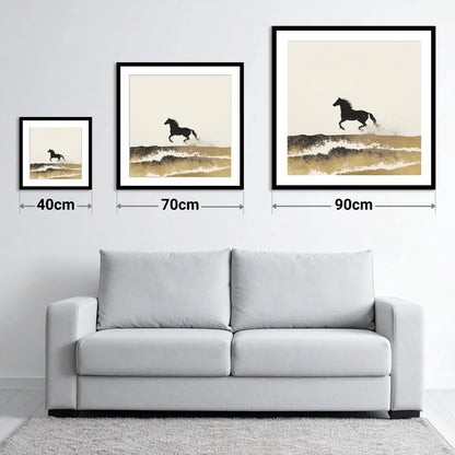 Gilded Coastal Gallop - size guide showing 40cm, 70cm and 90cm art prints