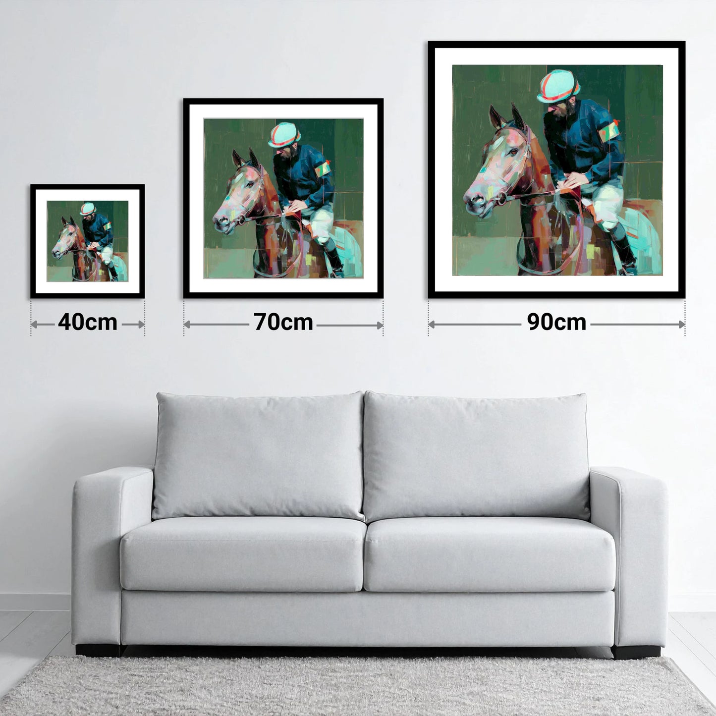 Quiet Intensity - size guide showing 40cm, 70cm and 90cm art prints