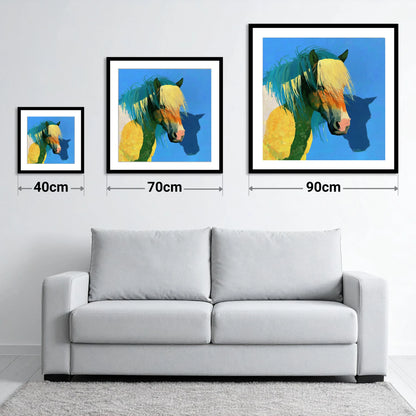 Bold Yellow and Teal Horse - size guide showing 40cm, 70cm and 90cm art prints