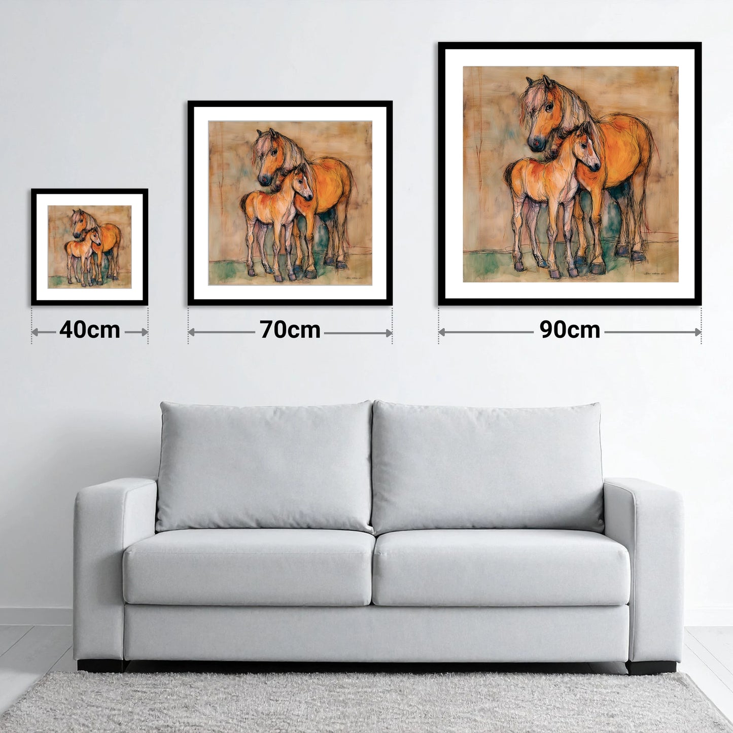 Tender Earth Bond - size guide showing 40cm, 70cm and 90cm art prints