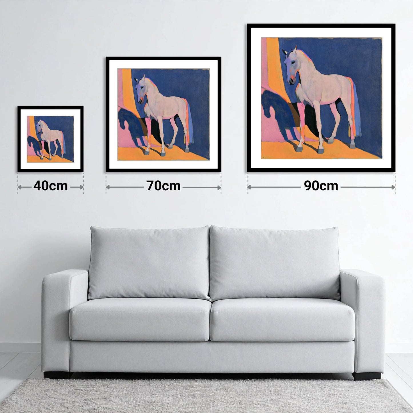 Colourful Grey Horse And Shadow - size guide showing 40cm, 70cm and 90cm art prints