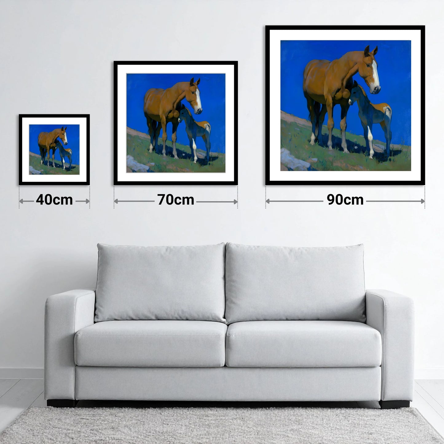 Under the Cobalt Sky - size guide showing 40cm, 70cm and 90cm art prints