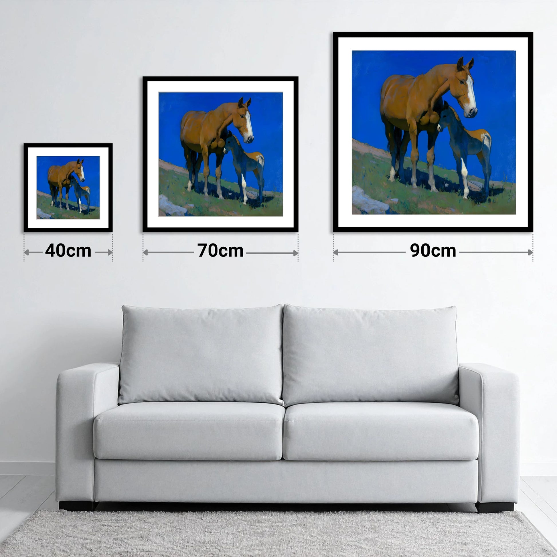 Under the Cobalt Sky - size guide showing 40cm, 70cm and 90cm art prints