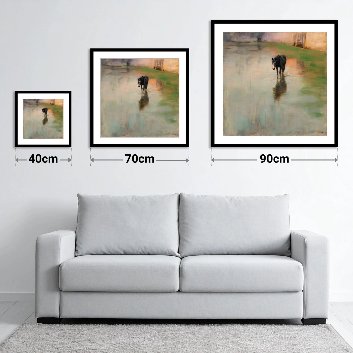 Quiet Reflection - size guide showing 40cm, 70cm and 90cm art prints
