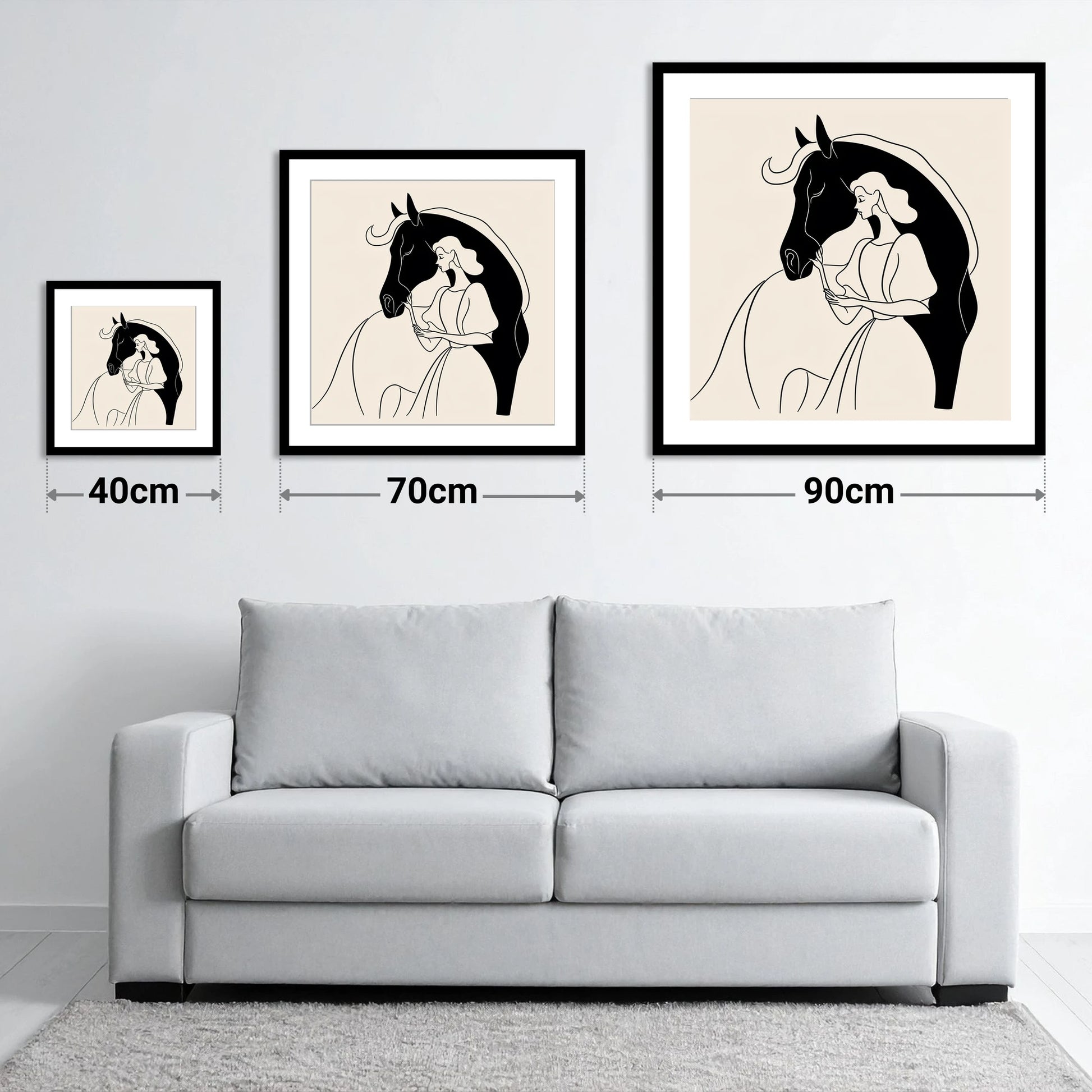 The Unspoken Bond - size guide showing 40cm, 70cm and 90cm art prints