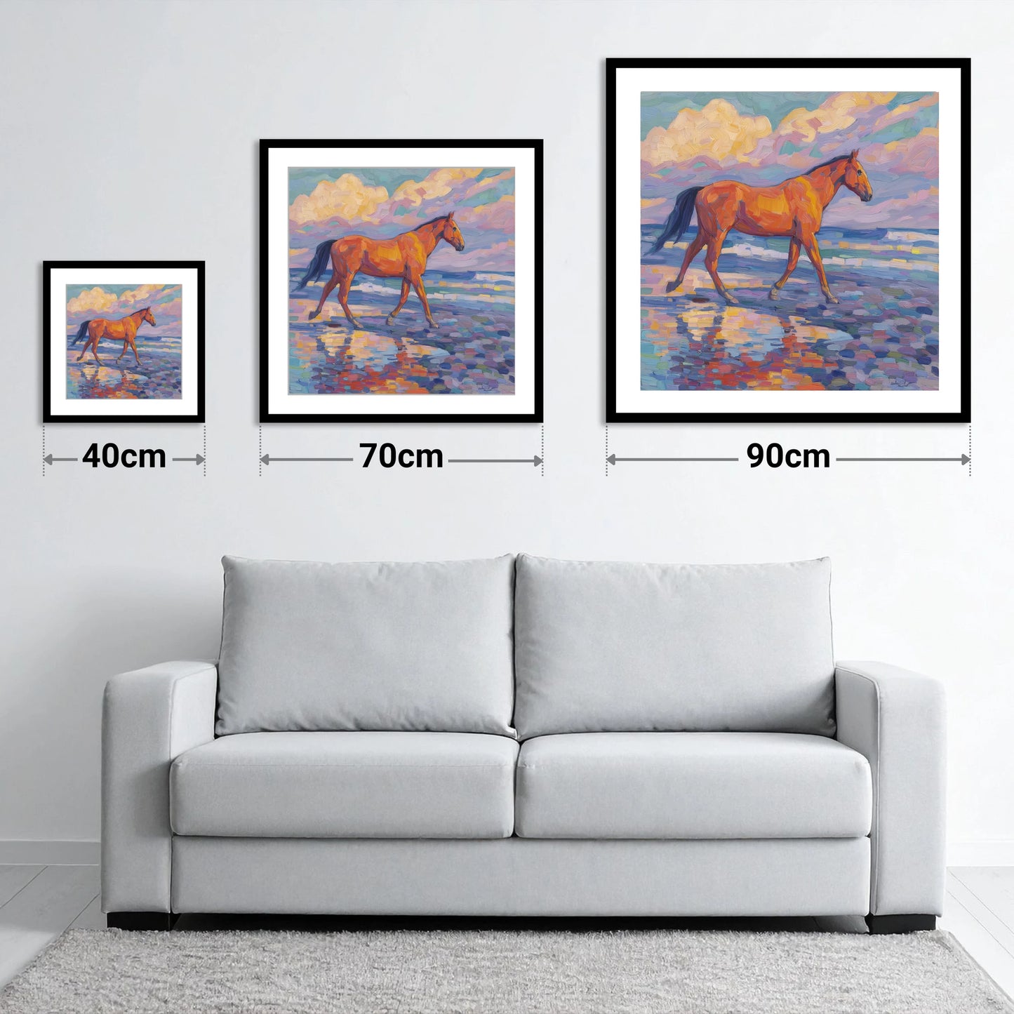 Vibrant Coastal Stroll - size guide showing 40cm, 70cm and 90cm art prints