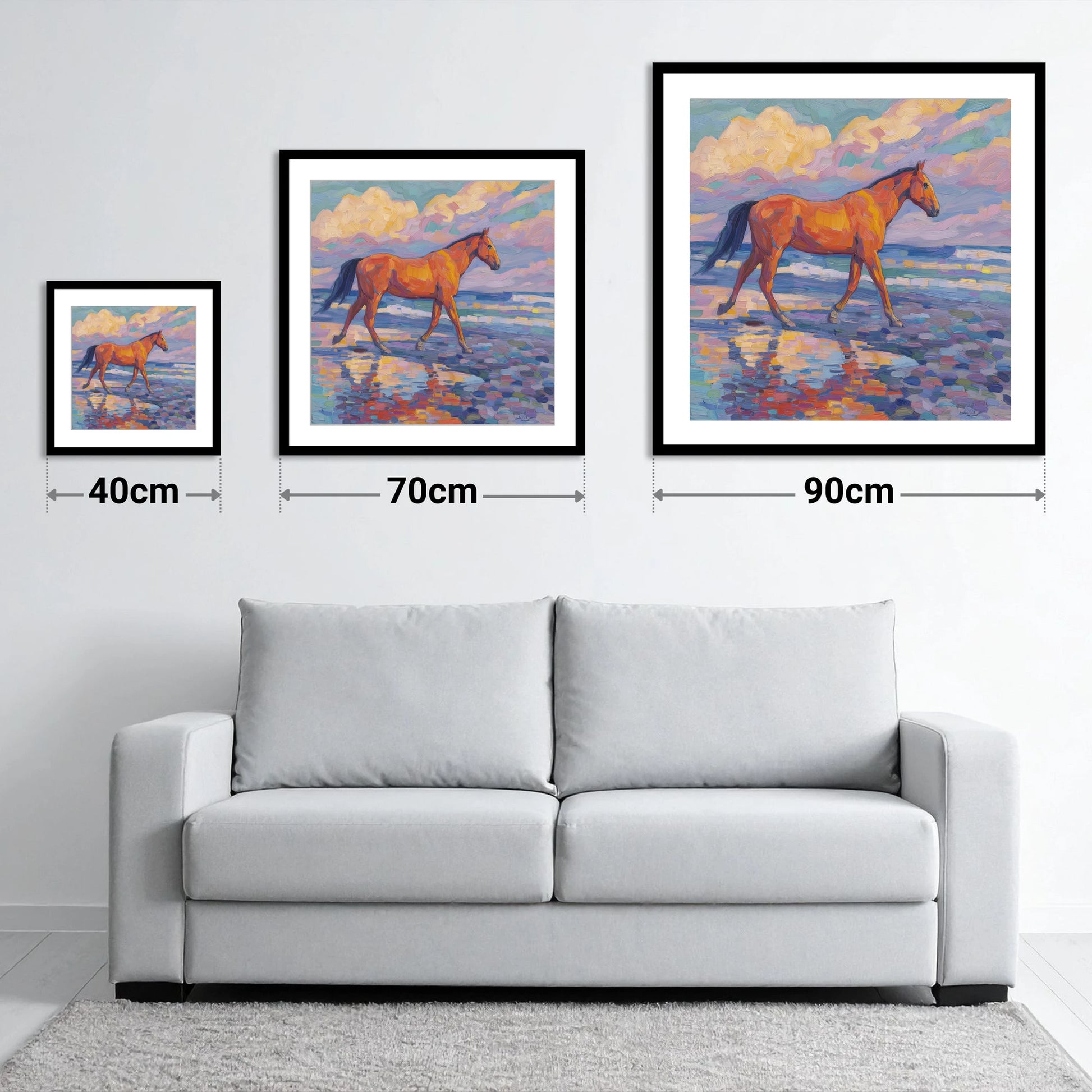 Vibrant Coastal Stroll - size guide showing 40cm, 70cm and 90cm art prints