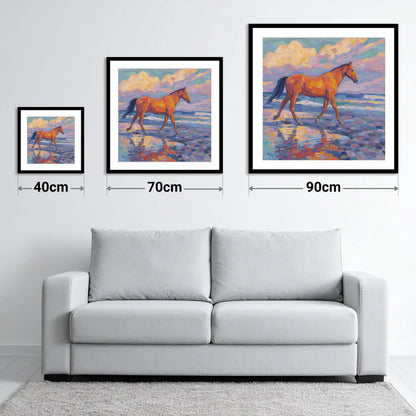 Vibrant Coastal Stroll - size guide showing 40cm, 70cm and 90cm art prints