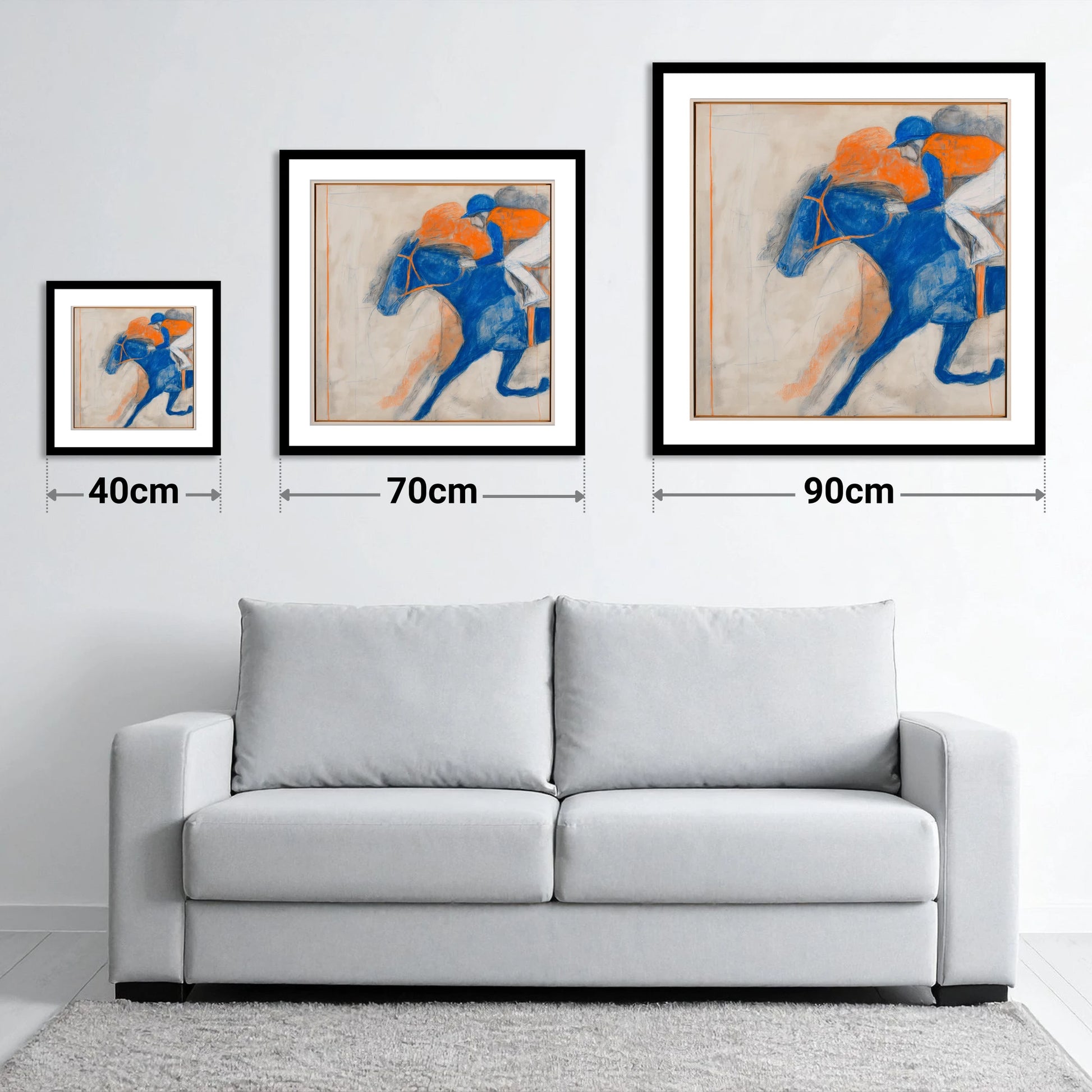 Cobalt Surge - size guide showing 40cm, 70cm and 90cm art prints