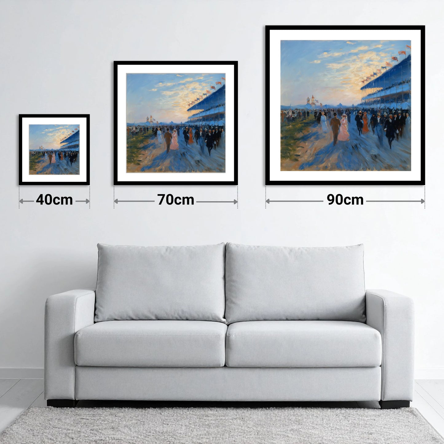 Evening at the Races - size guide showing 40cm, 70cm and 90cm art prints
