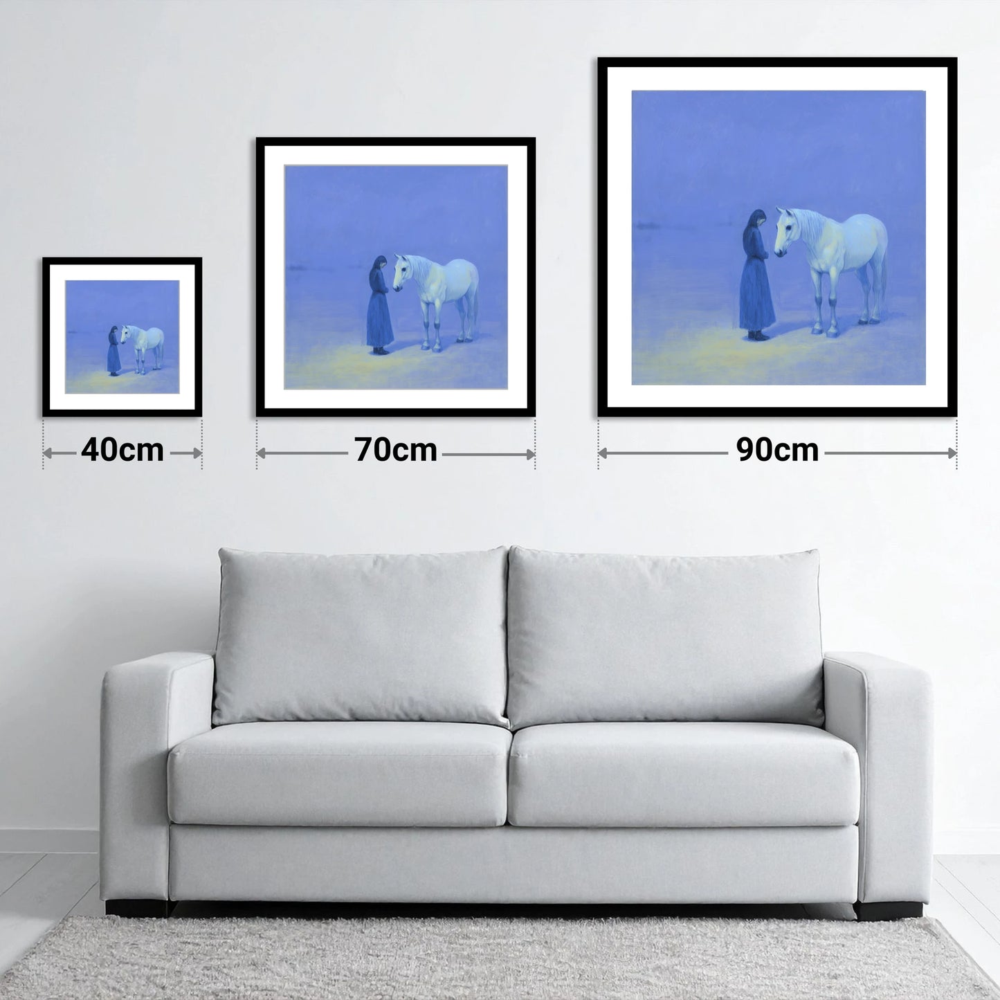 The Quiet Hour - size guide showing 40cm, 70cm and 90cm art prints