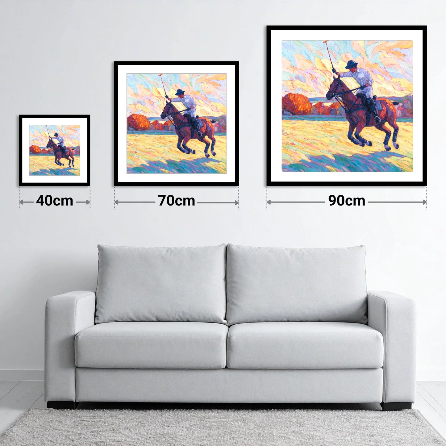The Final Chukka - size guide showing 40cm, 70cm and 90cm art prints