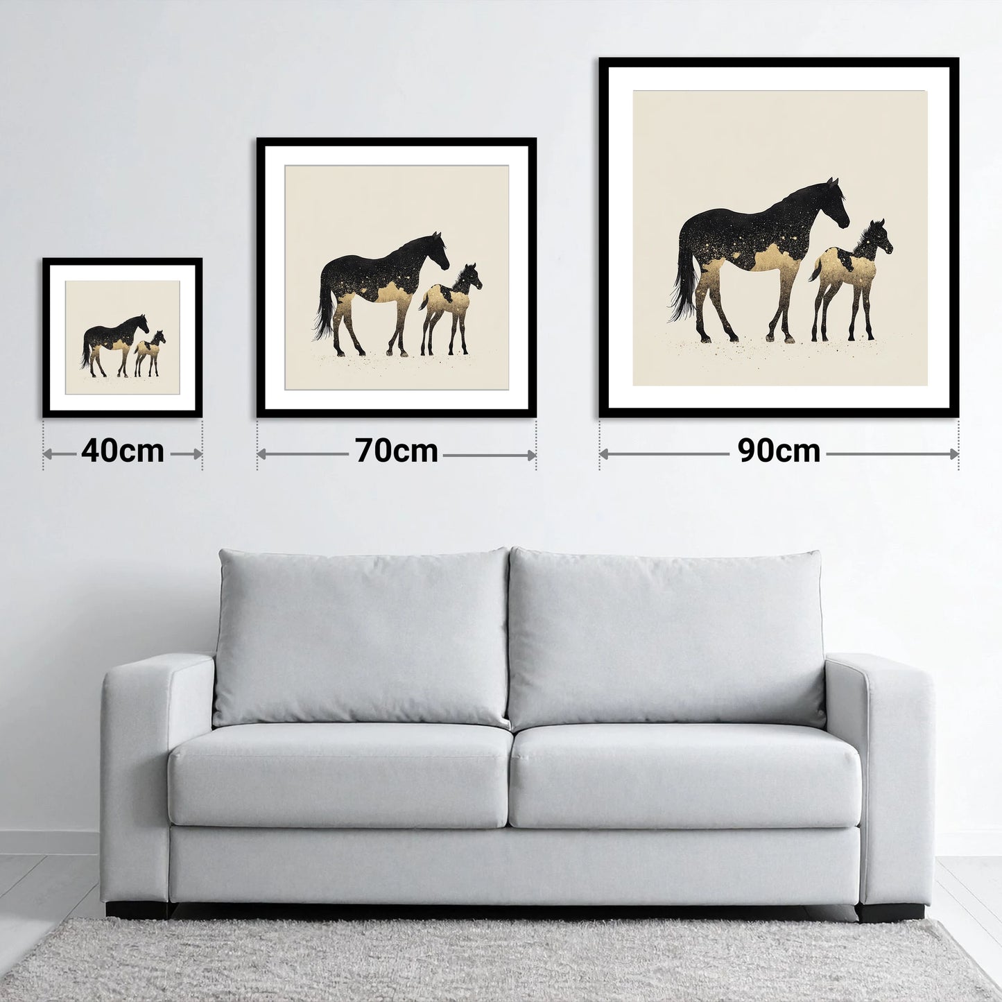 Gilded Midnight Bond - size guide showing 40cm, 70cm and 90cm art prints
