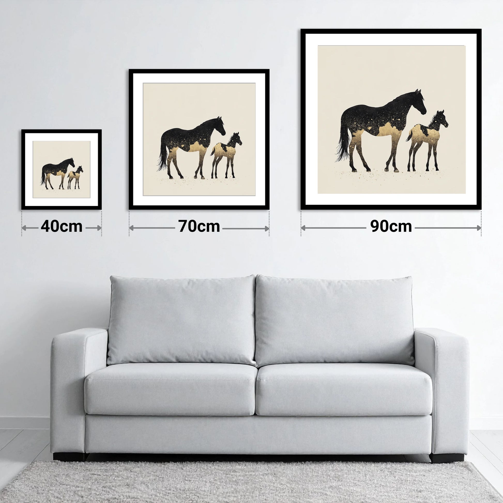 Gilded Midnight Bond - size guide showing 40cm, 70cm and 90cm art prints