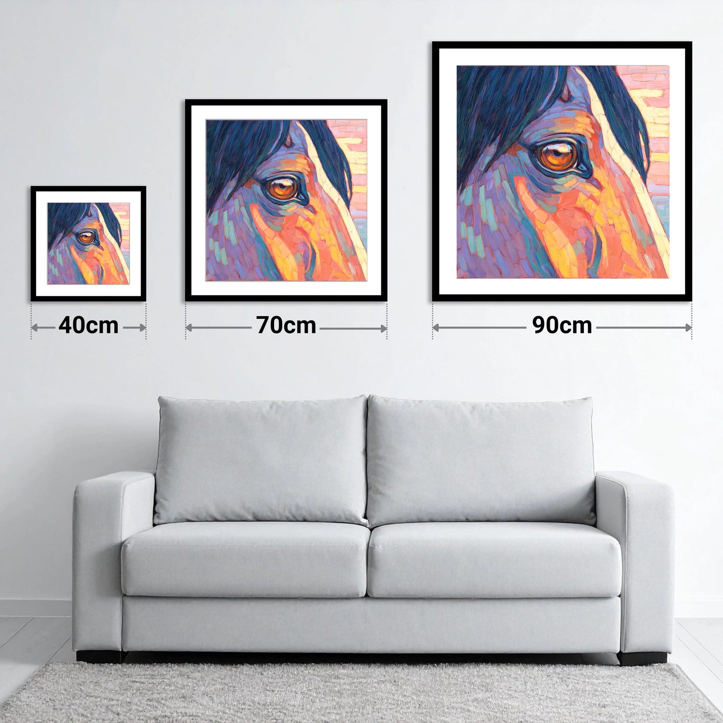 The Vivid Gaze - size guide showing 40cm, 70cm and 90cm art prints