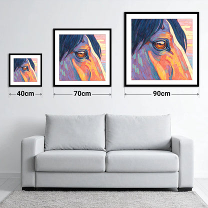 The Vivid Gaze - size guide showing 40cm, 70cm and 90cm art prints