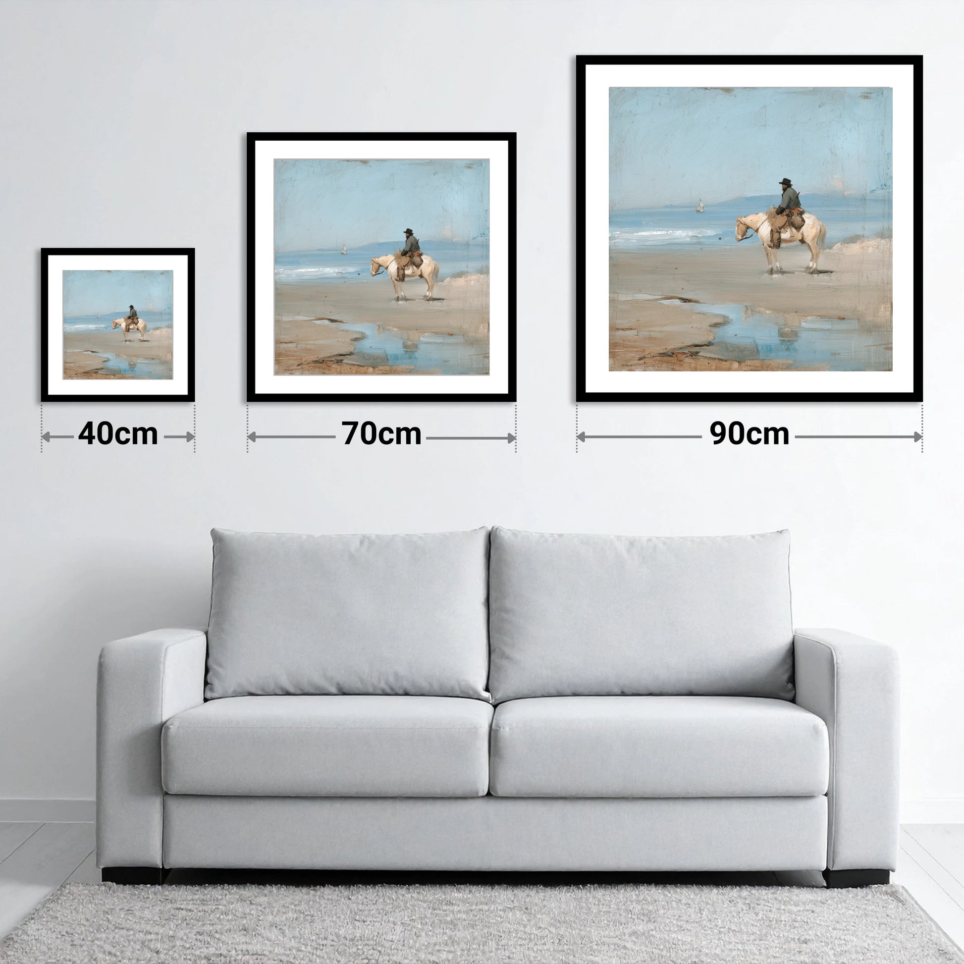 Coastal Hack at Low Tide - size guide showing 40cm, 70cm and 90cm art prints