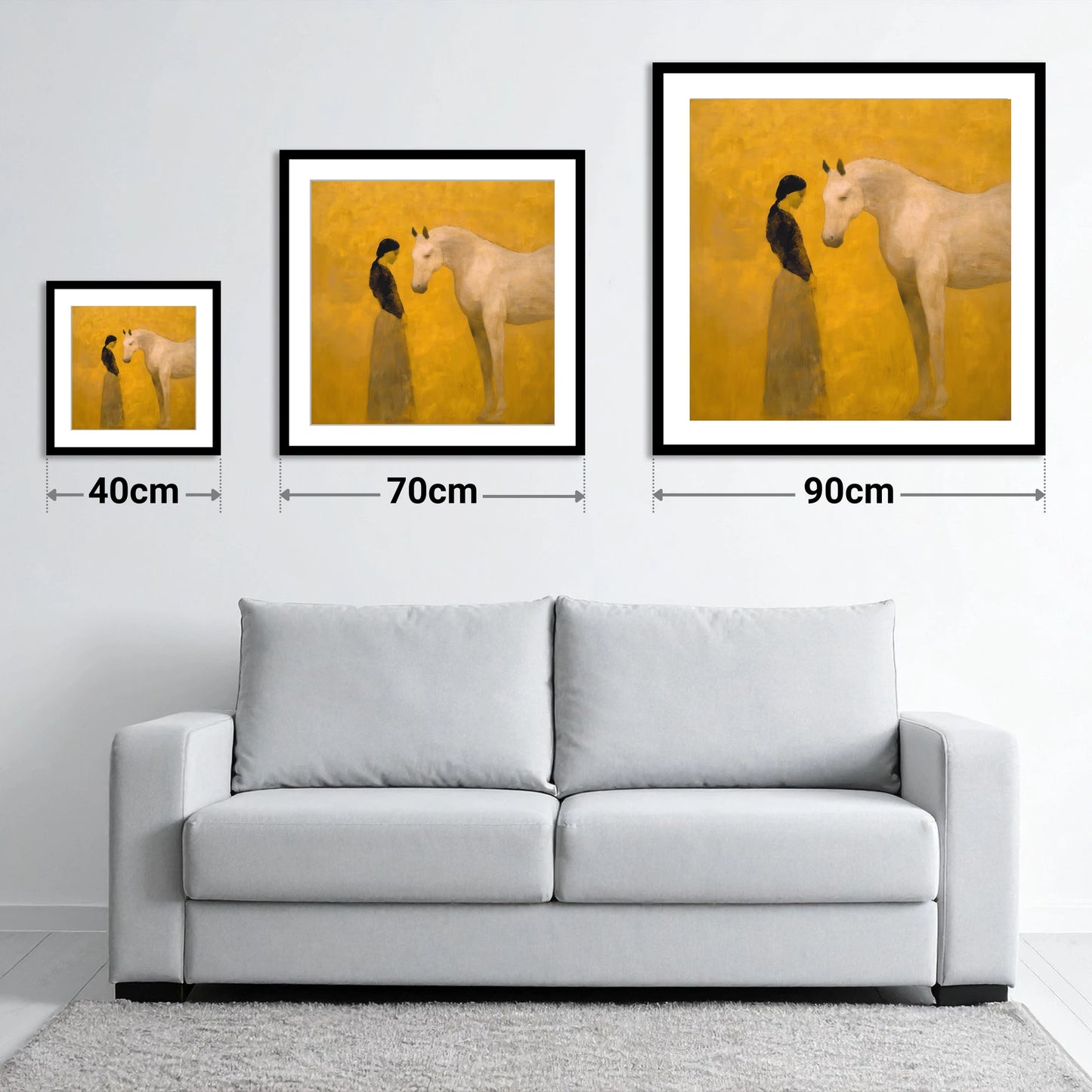 A Quiet Kinship - size guide showing 40cm, 70cm and 90cm art prints