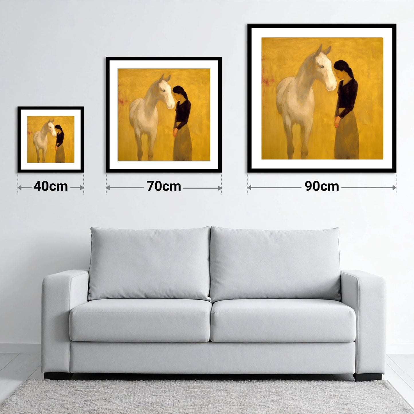 A Silent Understanding - size guide showing 40cm, 70cm and 90cm art prints