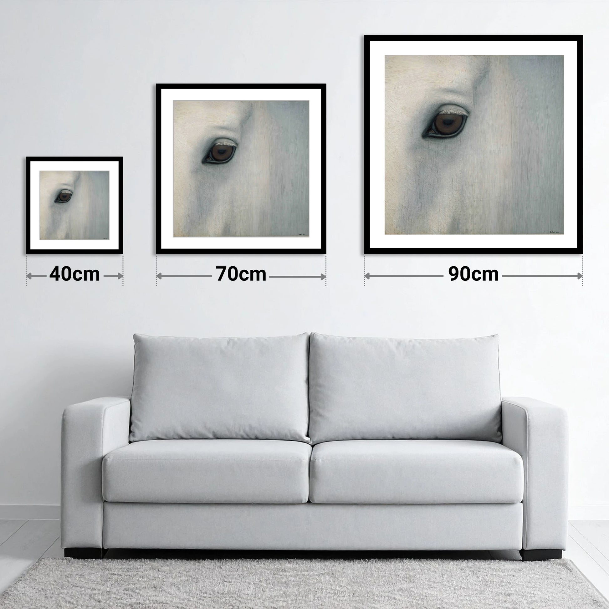 Quiet Gaze of the Grey - size guide showing 40cm, 70cm and 90cm art prints