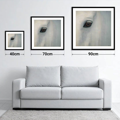 Quiet Gaze of the Grey - size guide showing 40cm, 70cm and 90cm art prints