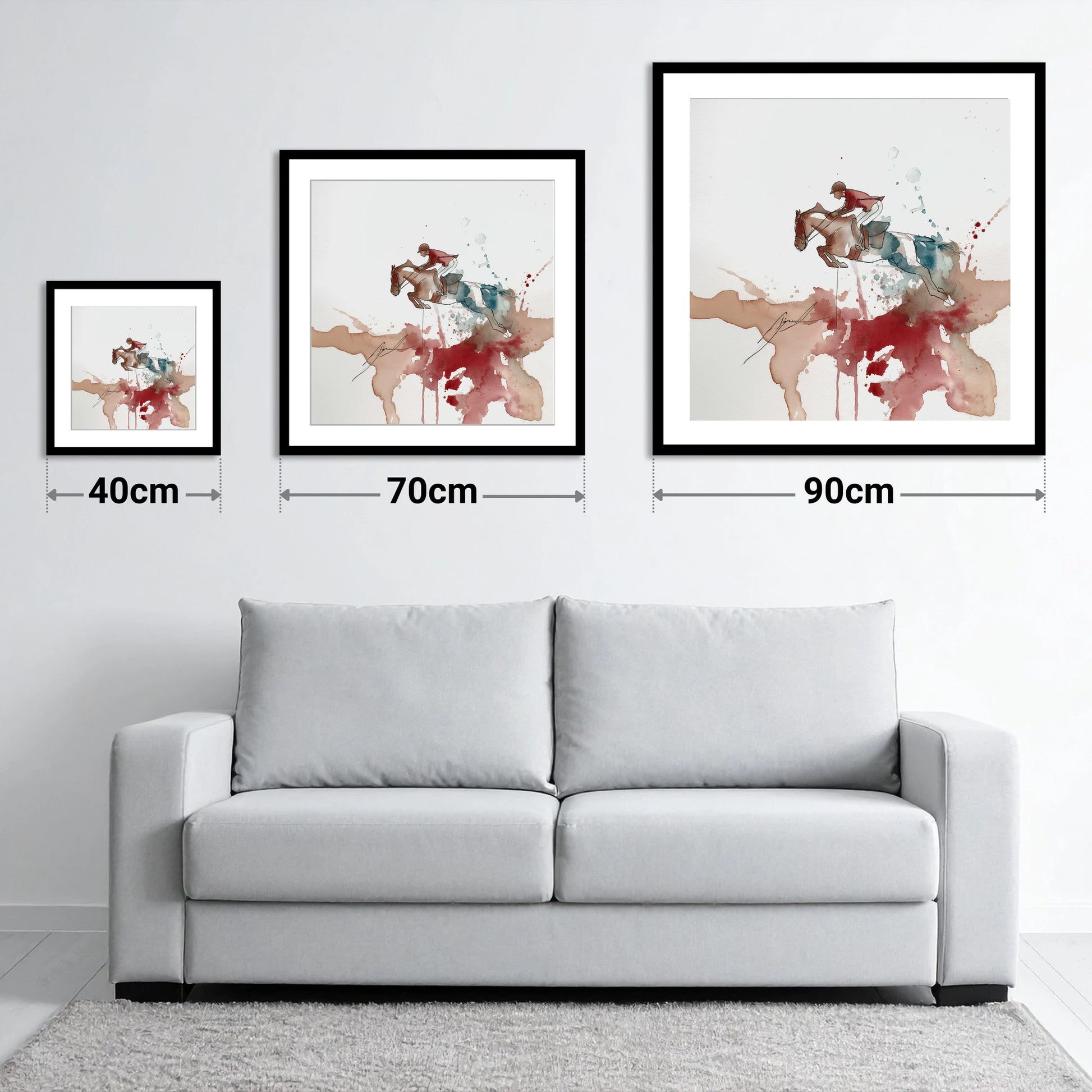 Crimson Flight - size guide showing 40cm, 70cm and 90cm art prints