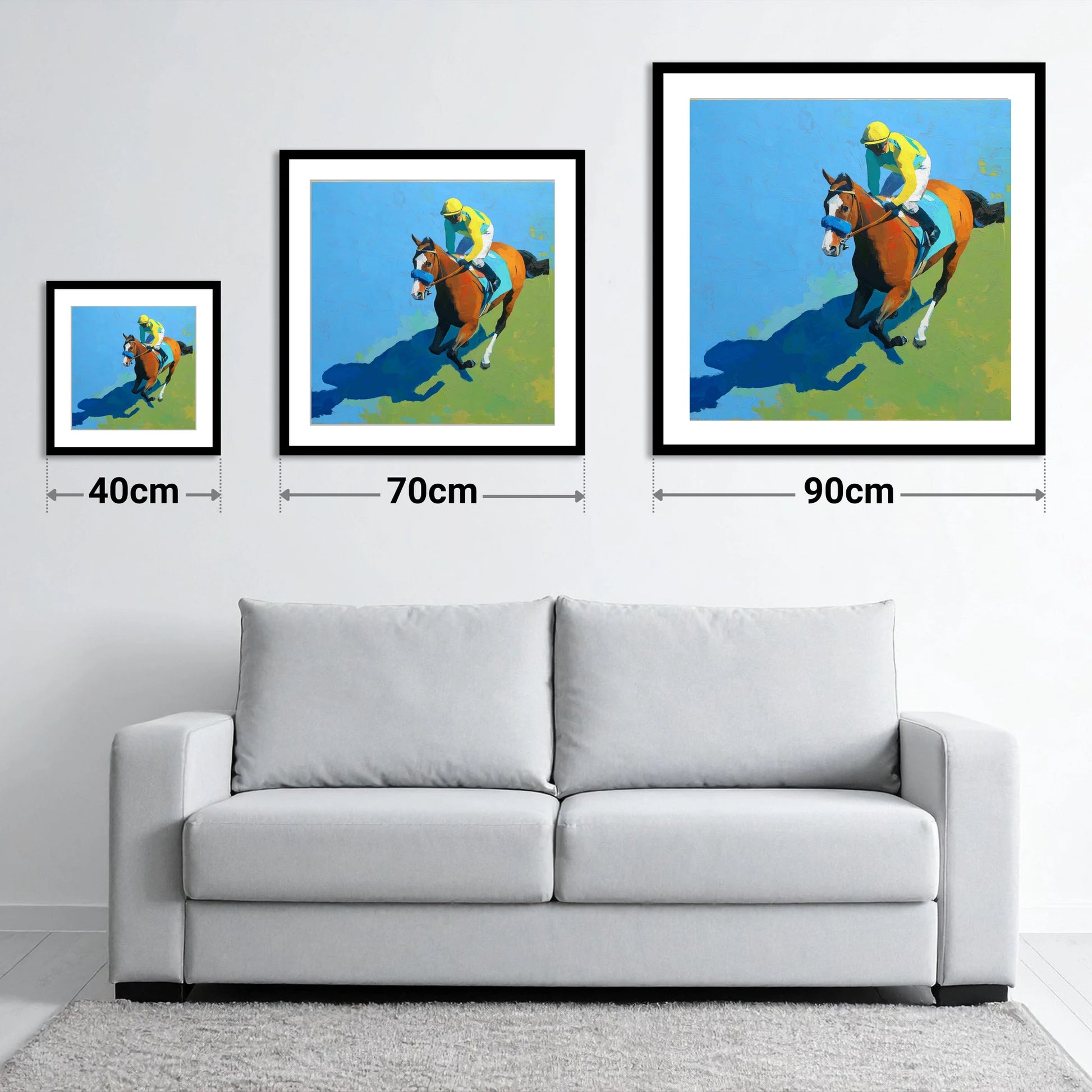 Flight and Shadow - size guide showing 40cm, 70cm and 90cm art prints