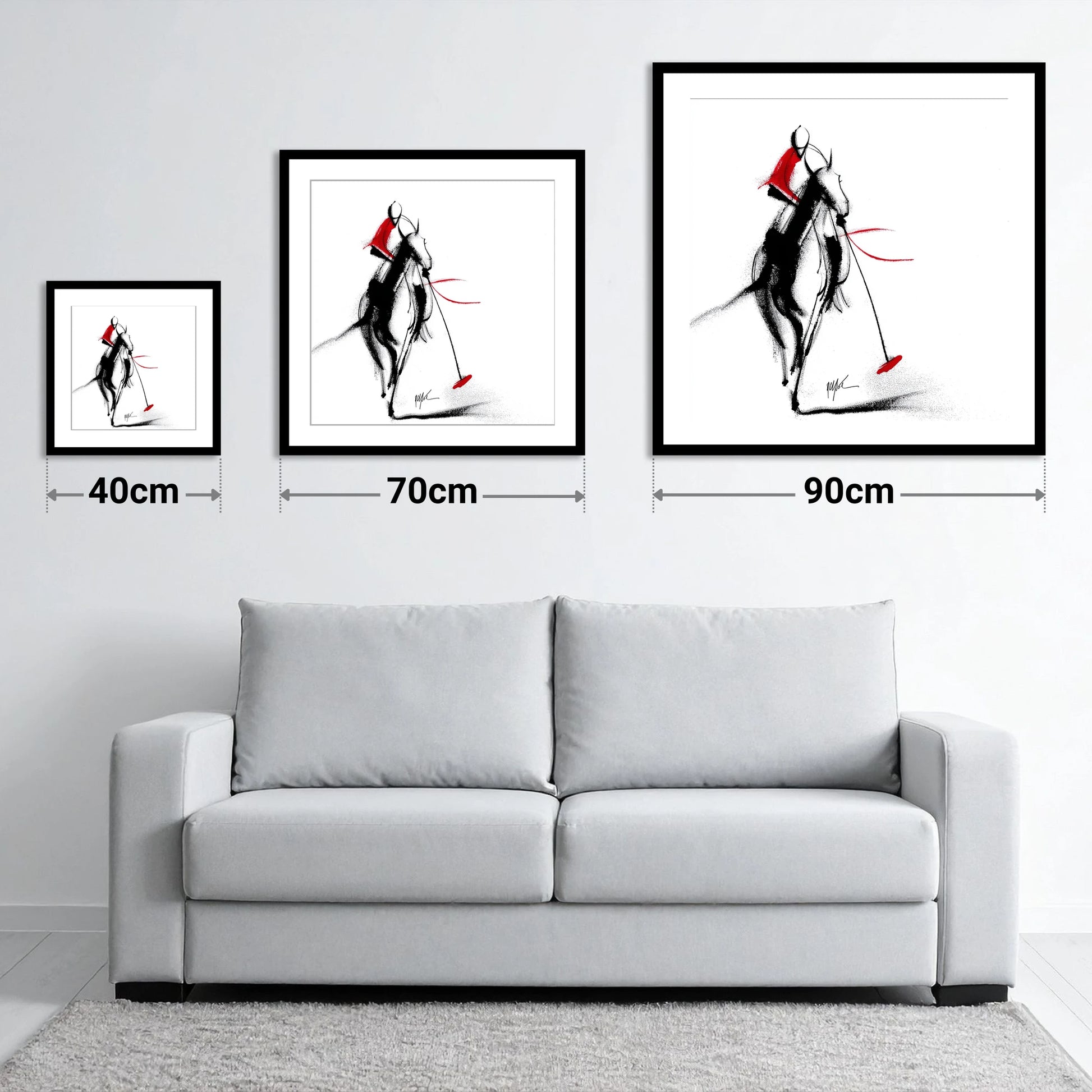 The Crimson Chukka - size guide showing 40cm, 70cm and 90cm art prints