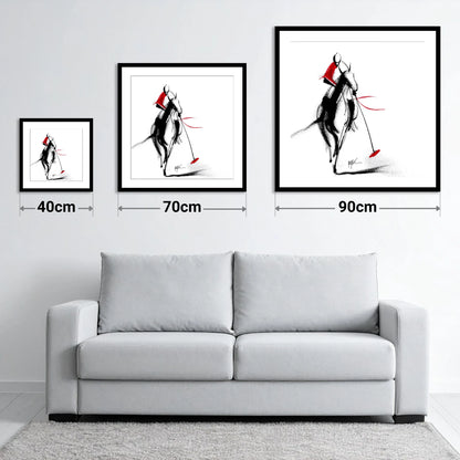 The Crimson Chukka - size guide showing 40cm, 70cm and 90cm art prints
