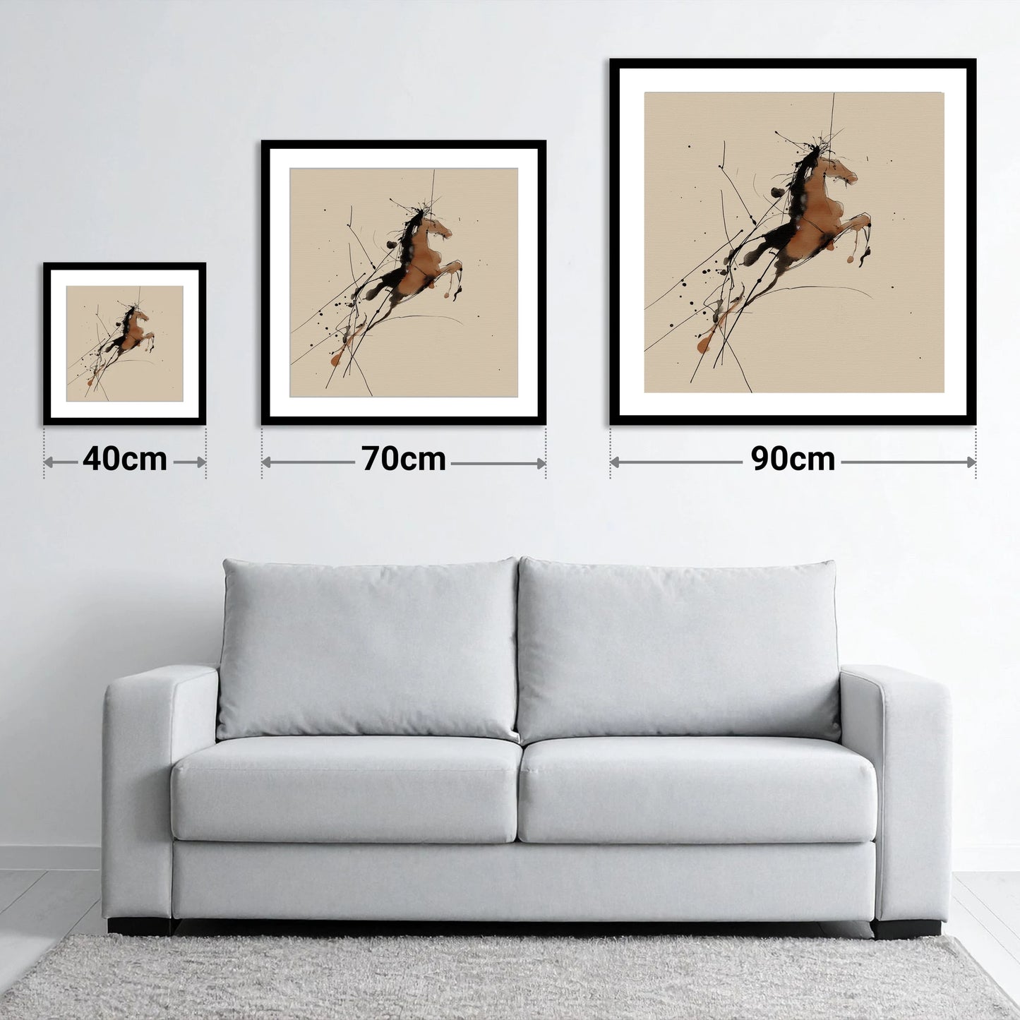 Bold Ascension - size guide showing 40cm, 70cm and 90cm art prints