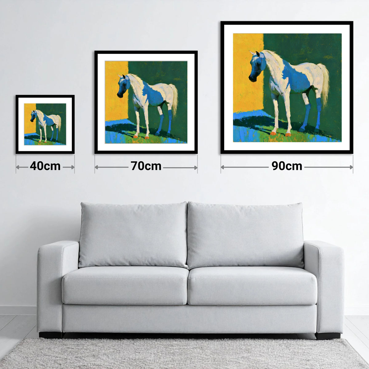 Grey Arabian in Vibrant Light - size guide showing 40cm, 70cm and 90cm art prints