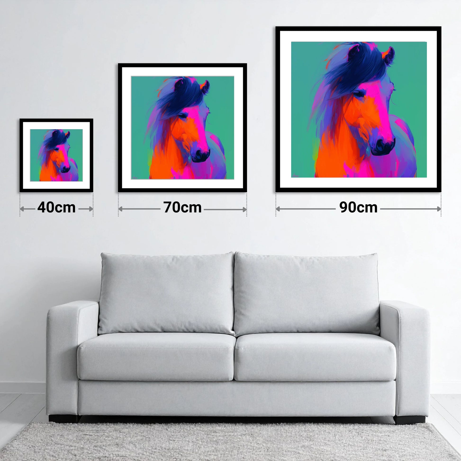 Neon Equine Spirit - size guide showing 40cm, 70cm and 90cm art prints
