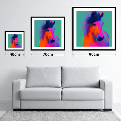 Neon Equine Spirit - size guide showing 40cm, 70cm and 90cm art prints