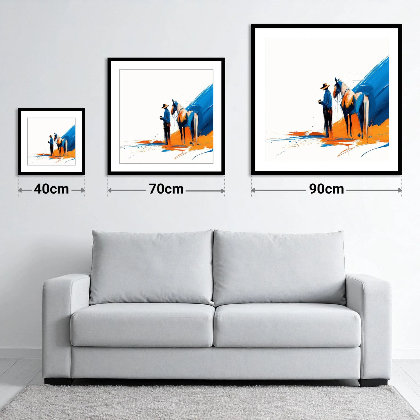 Bold Western Bond - size guide showing 40cm, 70cm and 90cm art prints