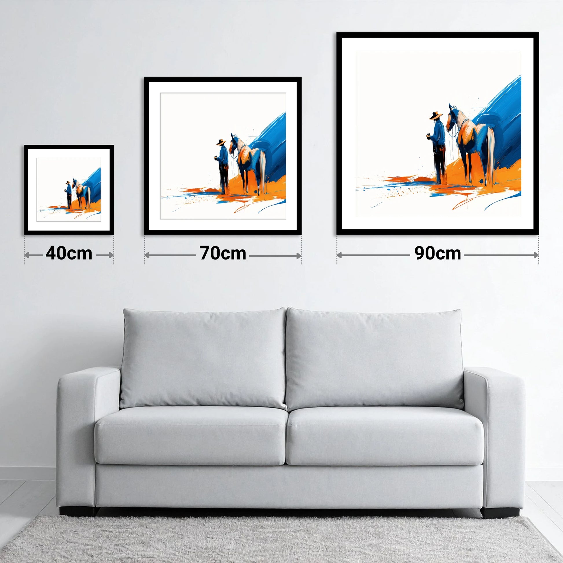 Bold Western Bond - size guide showing 40cm, 70cm and 90cm art prints