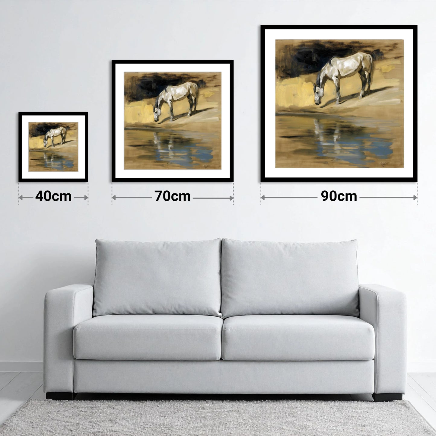 Quiet Waters Reflection - size guide showing 40cm, 70cm and 90cm art prints