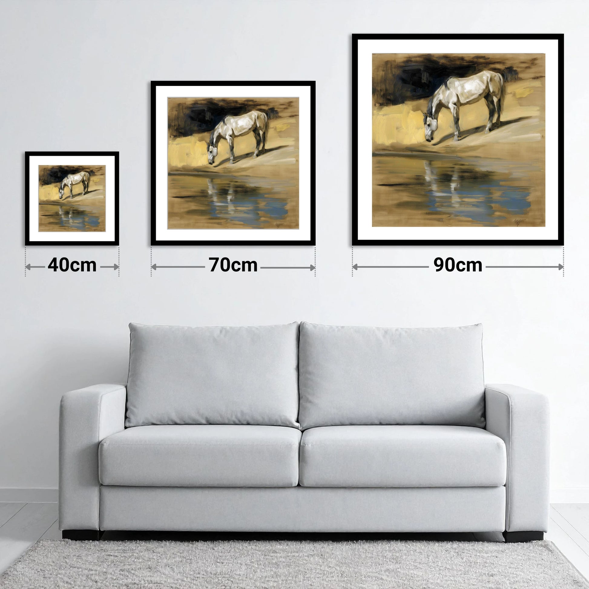 Quiet Waters Reflection - size guide showing 40cm, 70cm and 90cm art prints
